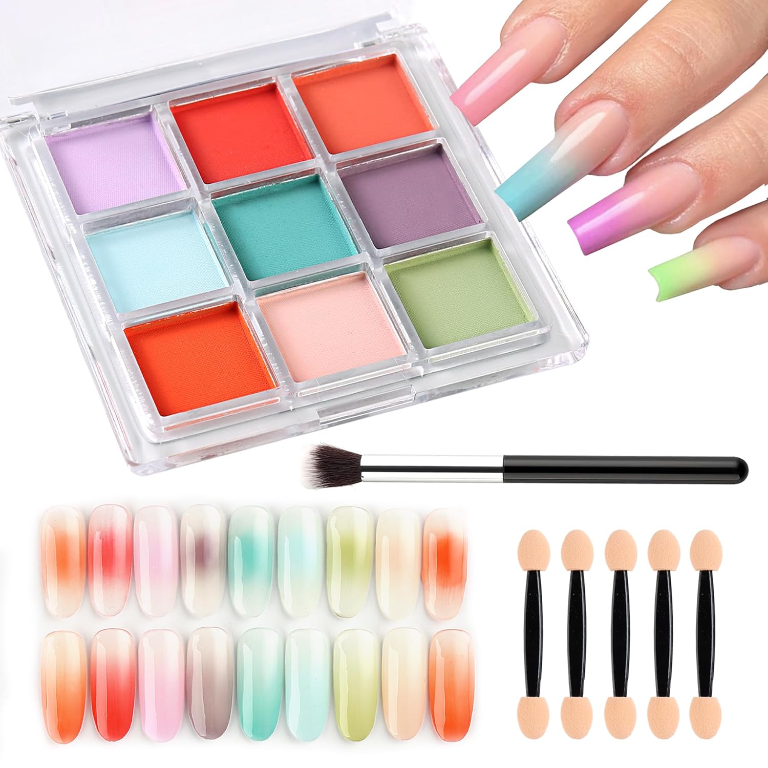 9 Colors Nail Pigment Palette Gradient Ombre Nail Powder Set for DIY Manicure Beginners – Perfect Nail Design with Ultra Fine Powder – Includes 5 Sponge Sticks 1 Brush #06