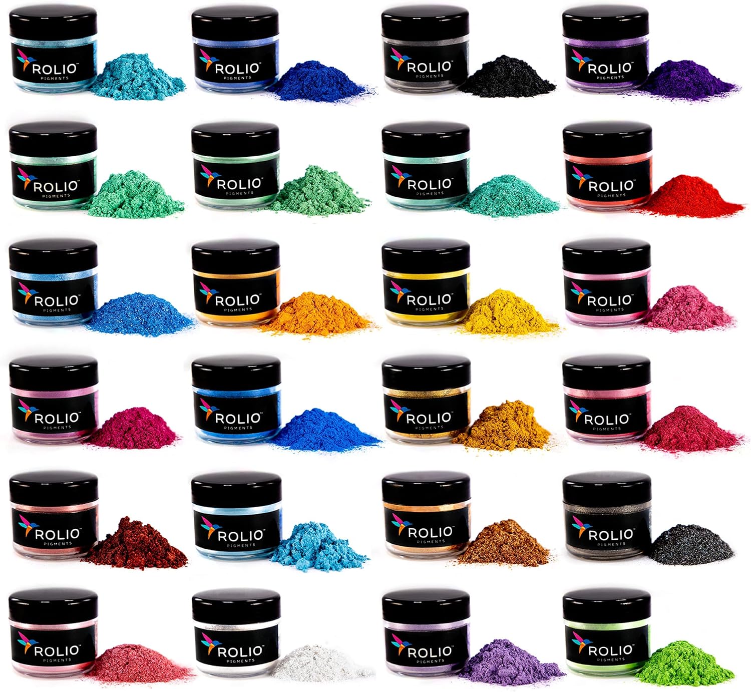 Rolio Premium Mica Powder Pearlescent Color Pigment – Art Set for Epoxy Resin – for Soap Making, Nail Polish, Lip Gloss, Eye Shadow, Slime & Candle Jars – 10g, 24 Jars – (Original Set)